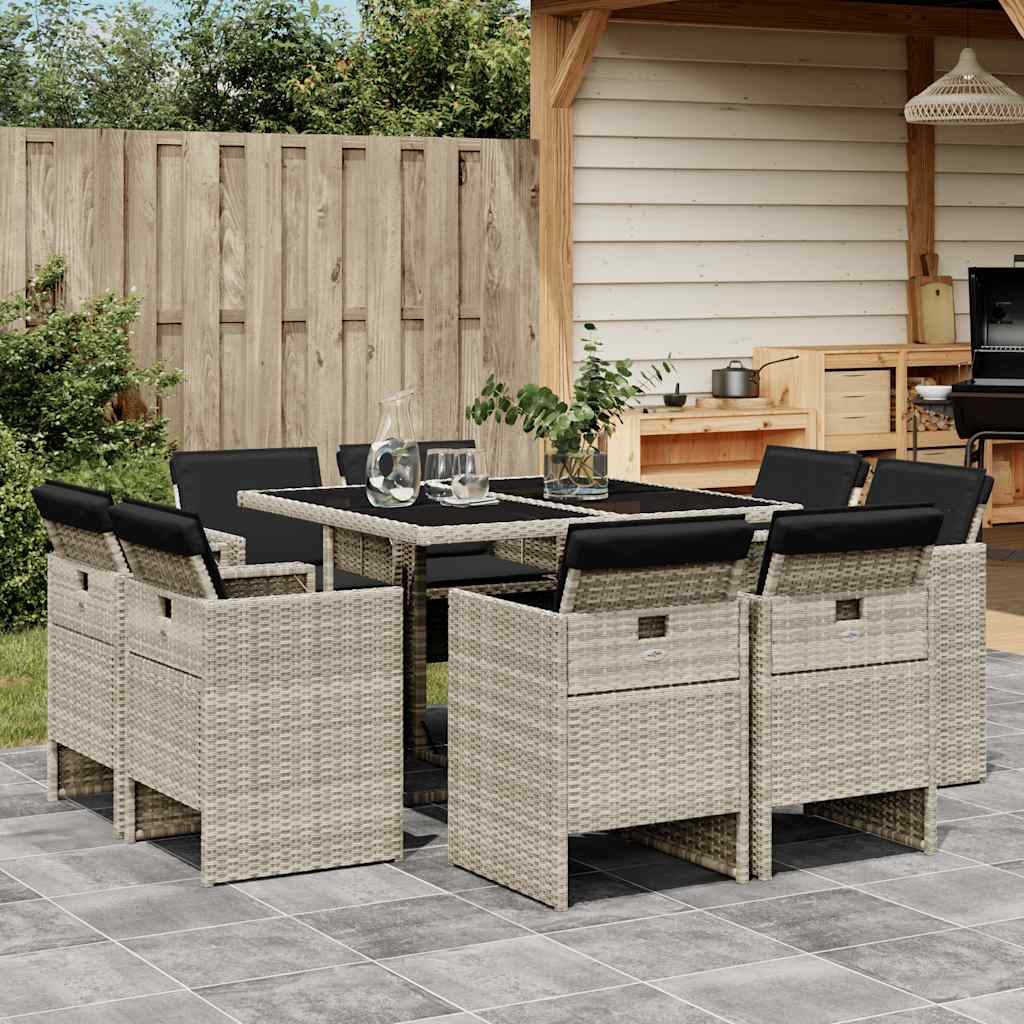 9 Pcs conjunto de jantar p/ jardim c/ almofadões cinzento claro