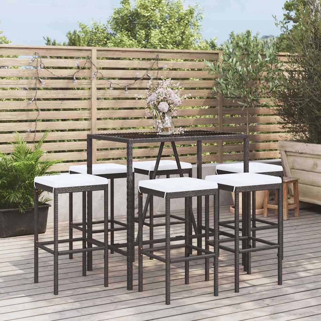 7 Pcs conjunto de bar para jardim c/ almofadões vime PE preto