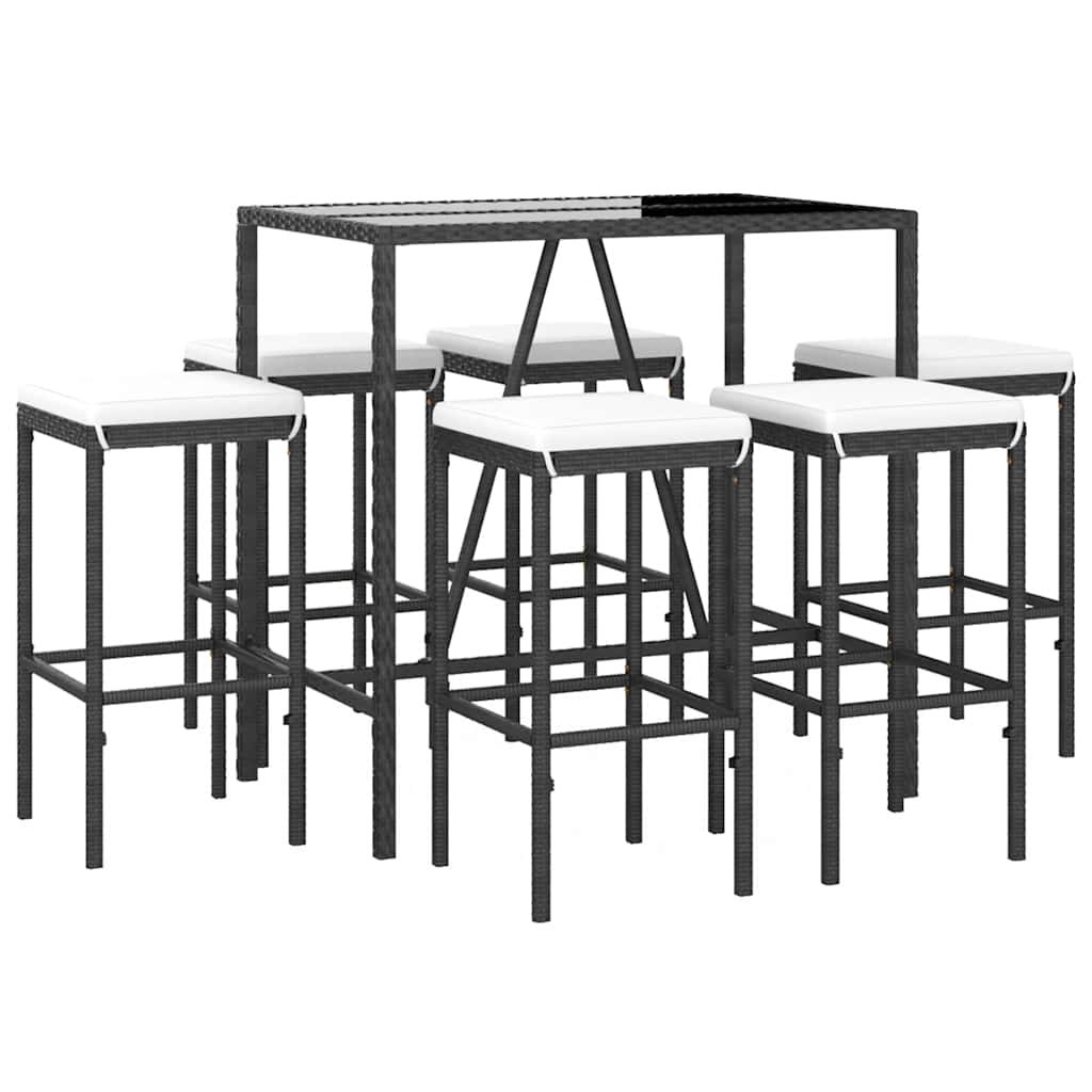 7 Pcs conjunto de bar para jardim c/ almofadões vime PE preto