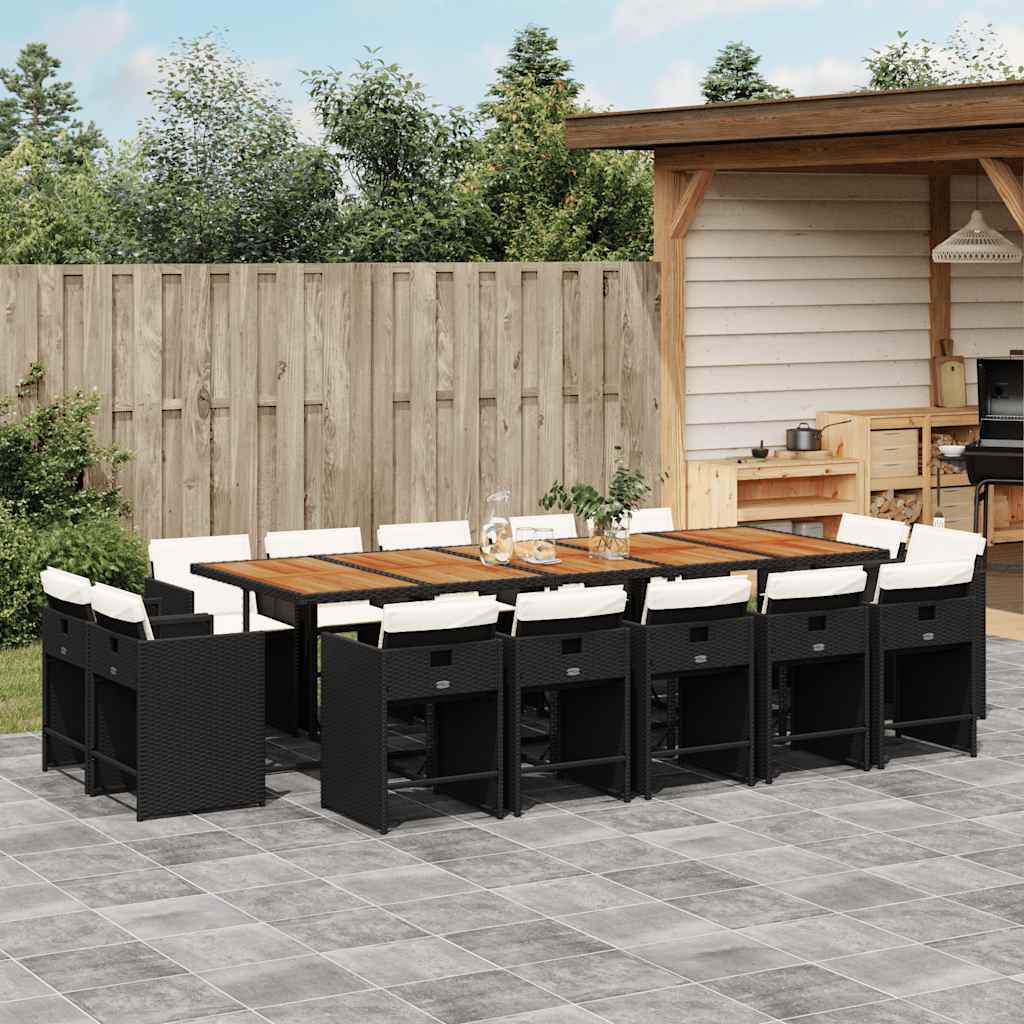 15 Pcs conjunto de jantar p/jardim com almofadões vime PE preto