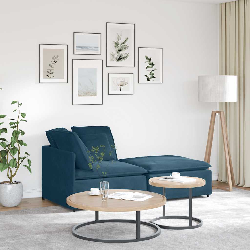 Sofá modular com pufes e almofadas veludo azul