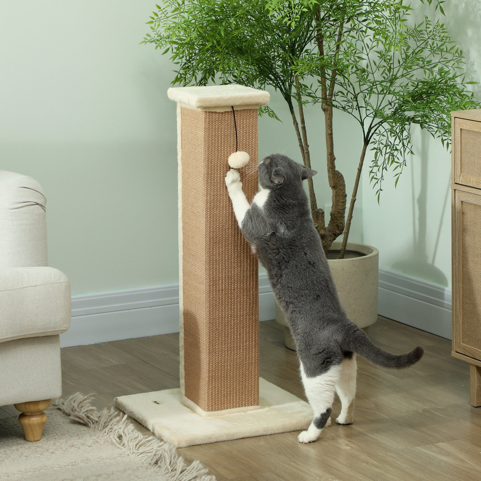 Poste arranhador para gatos altura 81 cm arranhador para gatos com poste de sisal e bola suspensa 41x41x81 cm bege