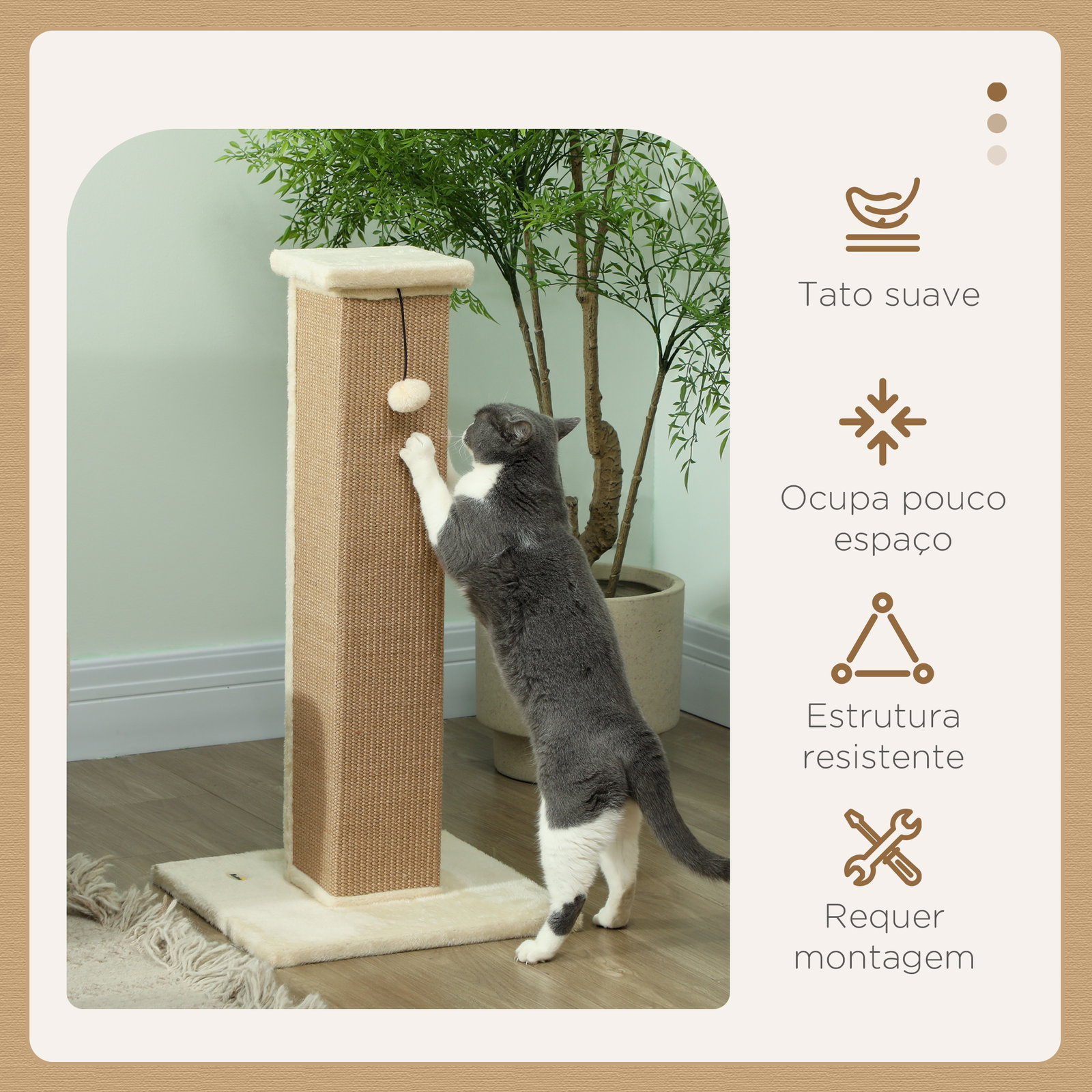 Poste arranhador para gatos altura 81 cm arranhador para gatos com poste de sisal e bola suspensa 41x41x81 cm bege
