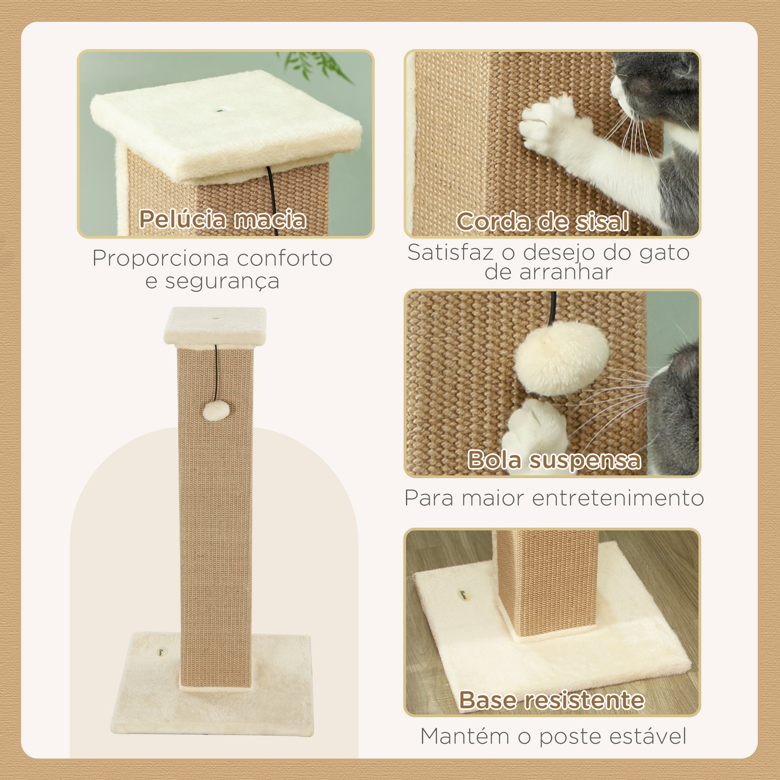 Poste arranhador para gatos altura 81 cm arranhador para gatos com poste de sisal e bola suspensa 41x41x81 cm bege