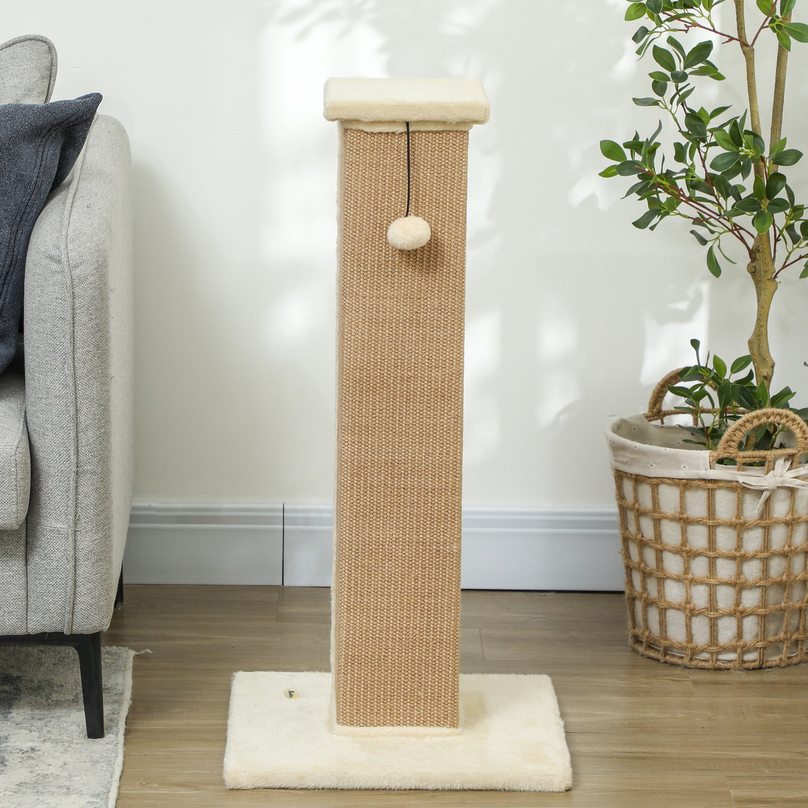 Poste arranhador para gatos altura 81 cm arranhador para gatos com poste de sisal e bola suspensa 41x41x81 cm bege