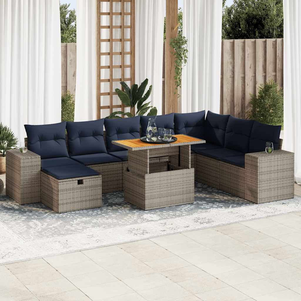 9 Pcs conjunto sofás jardim almofadões vime PE/acácia cinzento