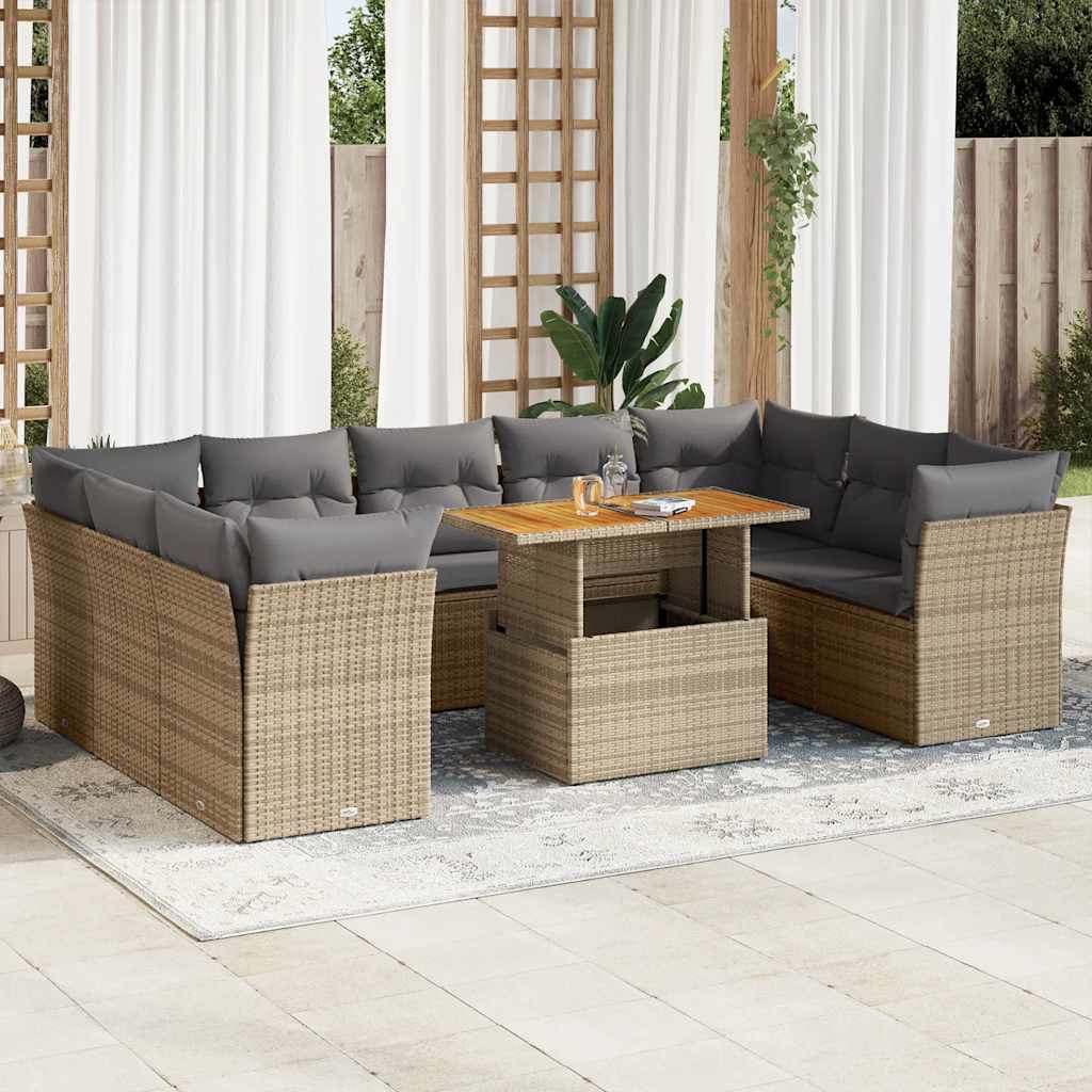 10 Pcs conjunto de sofás p/ jardim com almofadões vime PE bege