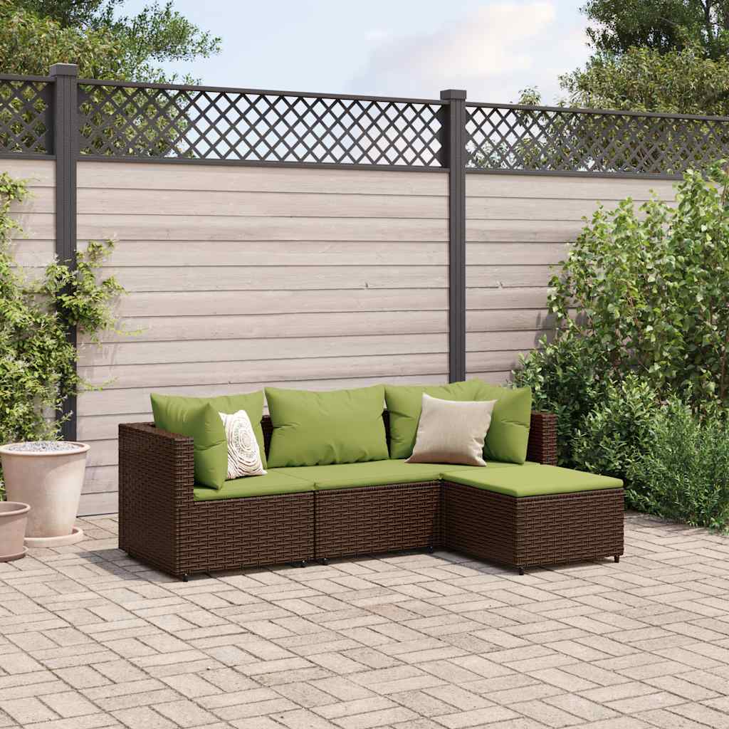 4 Pcs conjunto lounge jardim c/ almofadões vime PE castanho