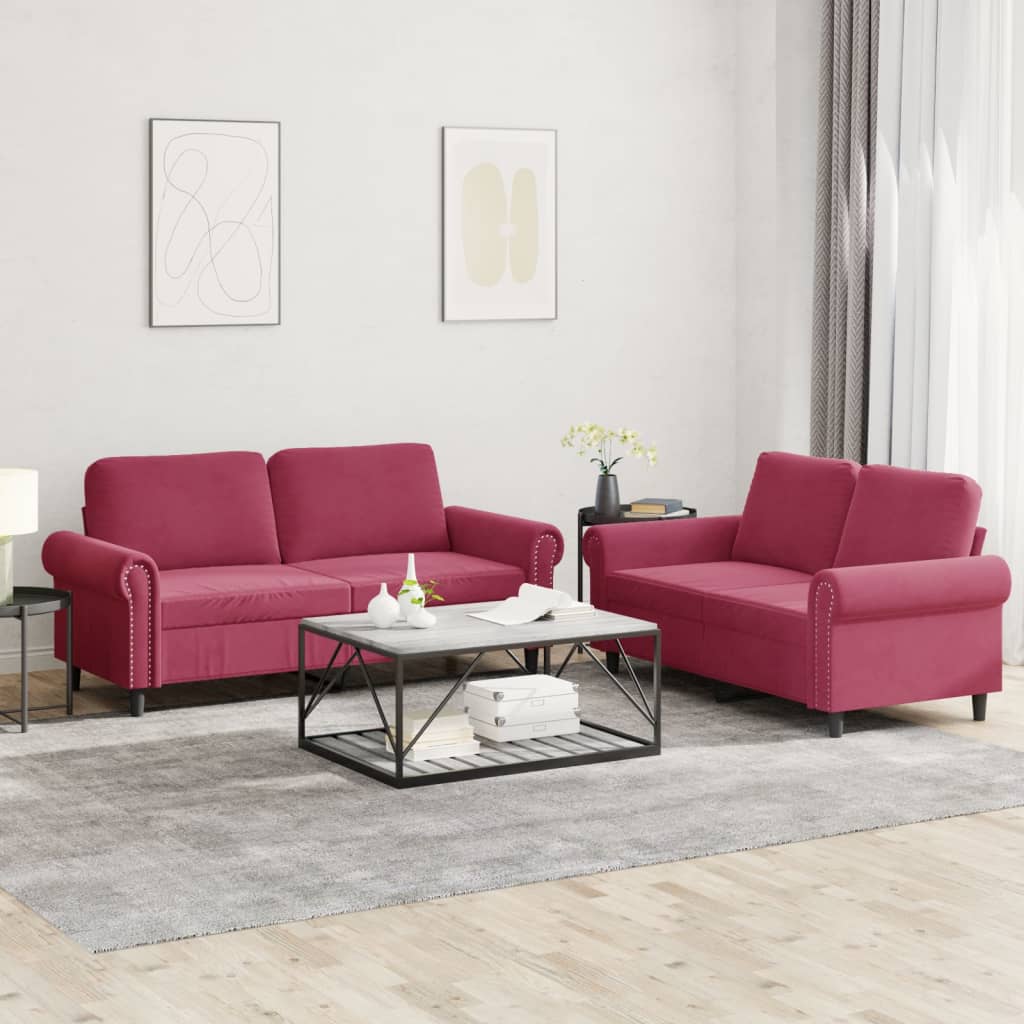 2 Pcs conjunto de sofás com almofadões veludo vermelho tinto