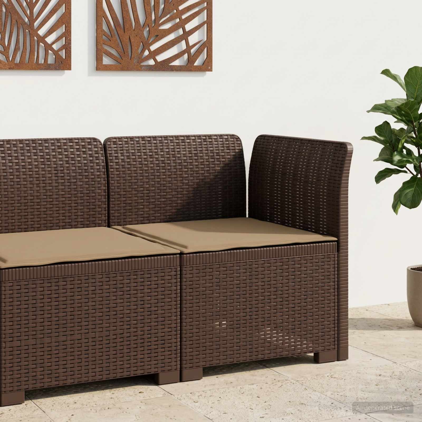 Sofá de jardim 1 lugar com almofada look rattan PP castanho