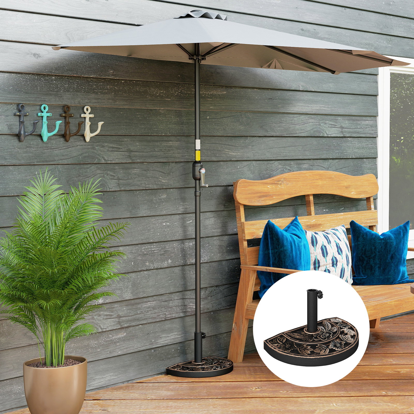 Base para chapéu de sol de resina em forma semicircular para mastros de ø3,8 cm e ø4,8 cm peso 9 kg 50x31x32 cm bronze