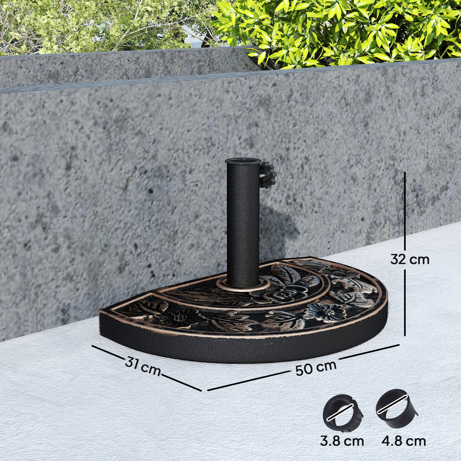 Base para chapéu de sol de resina em forma semicircular para mastros de ø3,8 cm e ø4,8 cm peso 9 kg 50x31x32 cm bronze