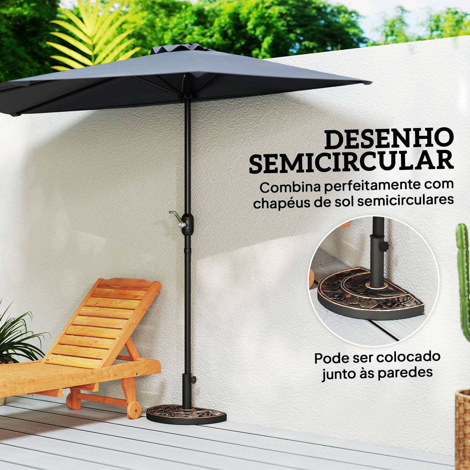Base para chapéu de sol de resina em forma semicircular para mastros de ø3,8 cm e ø4,8 cm peso 9 kg 50x31x32 cm bronze