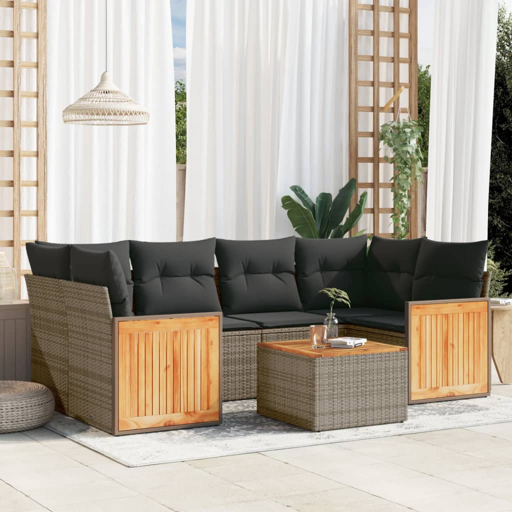 7 Pcs conjunto sofás p/ jardim c/ almofadões vime PE cinzento