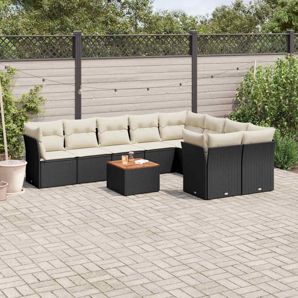 10 Pcs conjunto sofás de jardim c/ almofadões vime PE preto