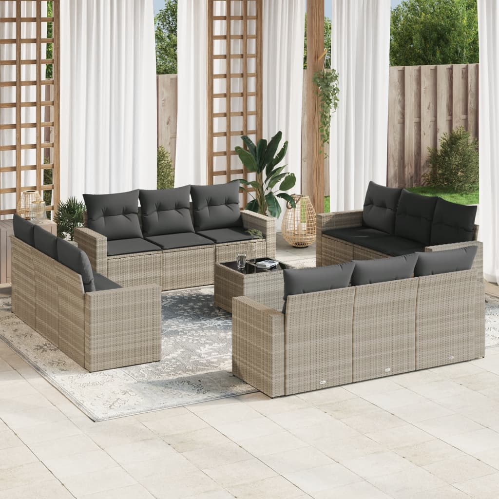 13 Pcs conj. sofás jardim c/ almofadões vime PE cinzento-claro