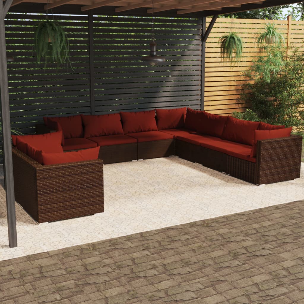 9 Pcs conjunto lounge jardim c/ almofadões vime PE castanho
