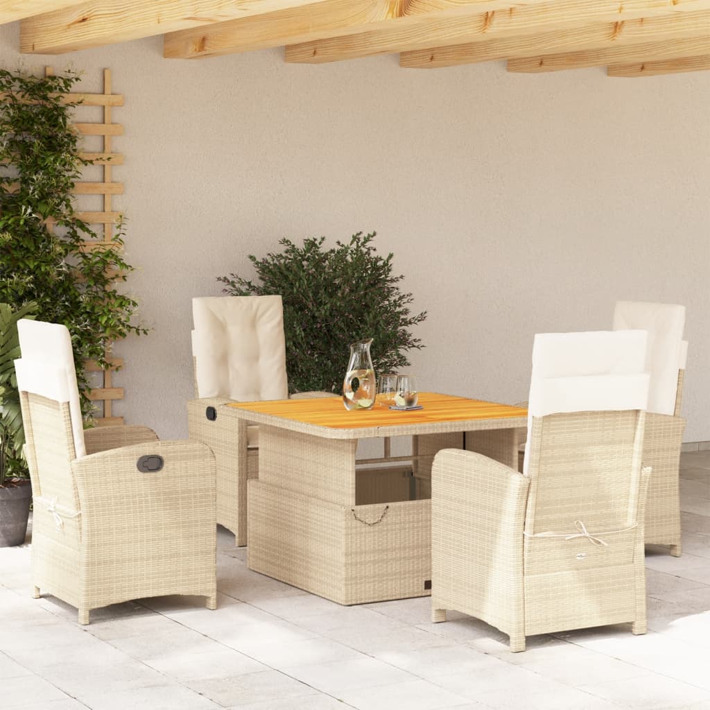 5 Pcs conjunto de jantar p/ jardim com almofadões vime PE bege