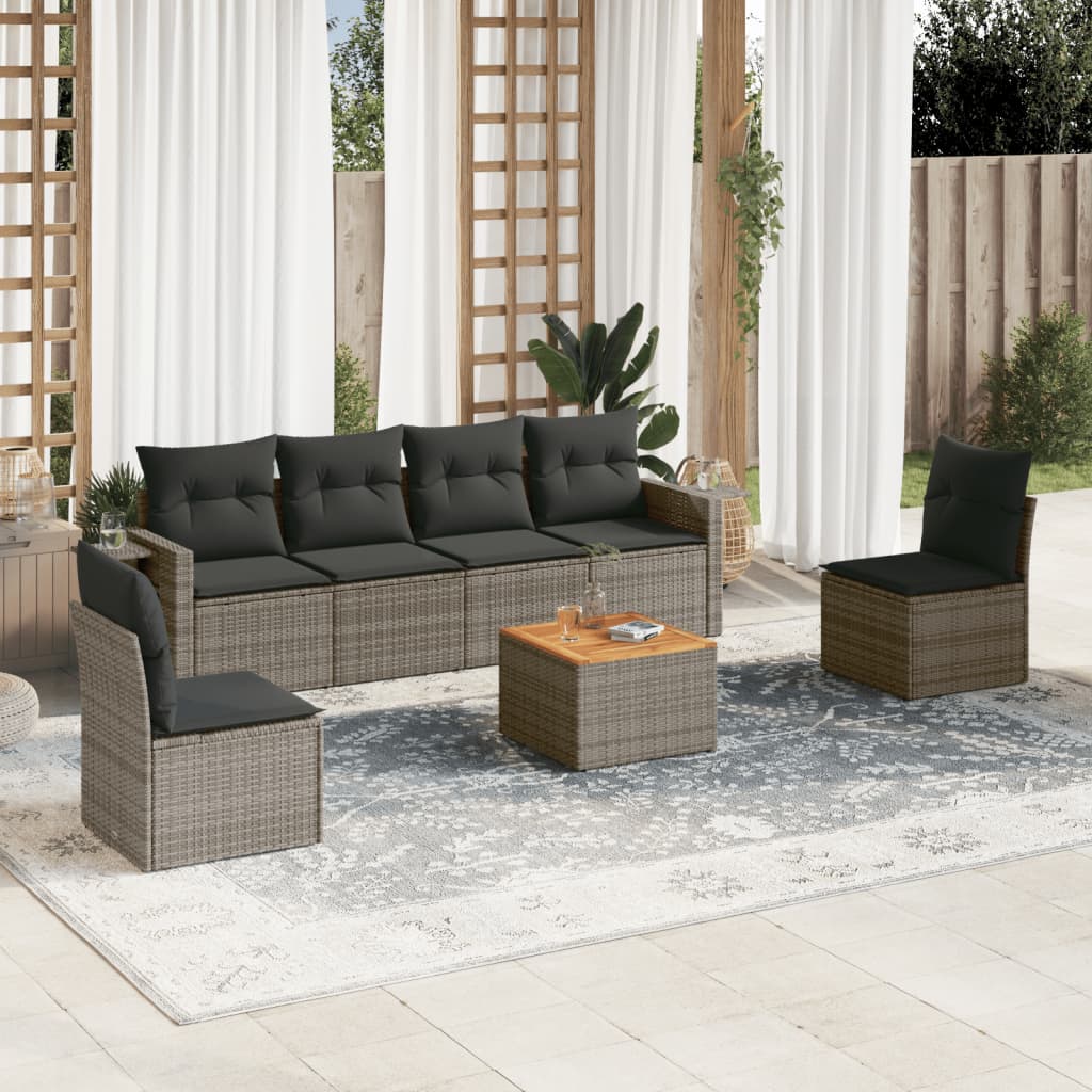 7 Pcs conjunto sofás p/ jardim c/ almofadões vime PE cinzento