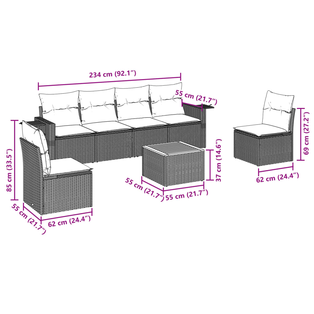 7 Pcs conjunto sofás p/ jardim c/ almofadões vime PE cinzento