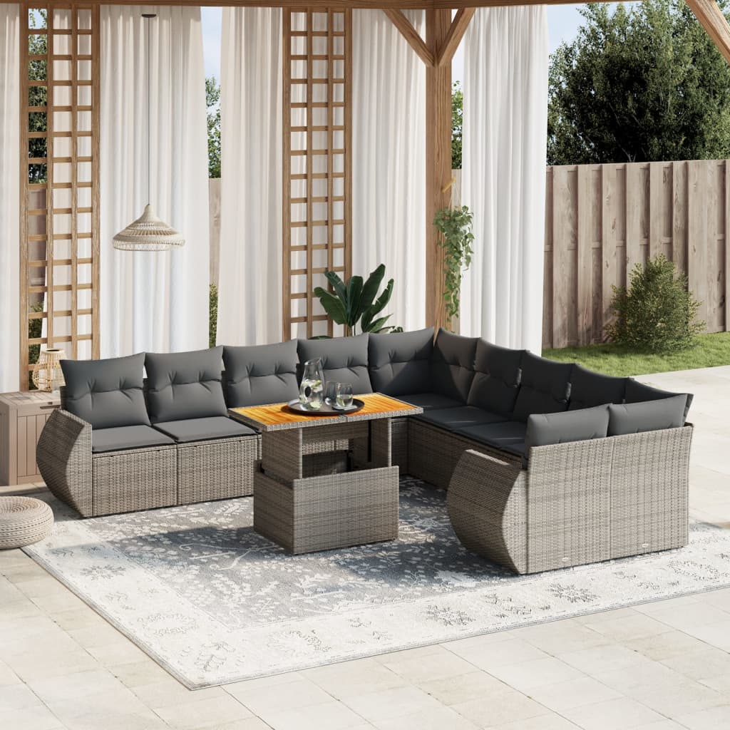 11 Pcs conjunto sofás de jardim c/ almofadões vime PE cinzento