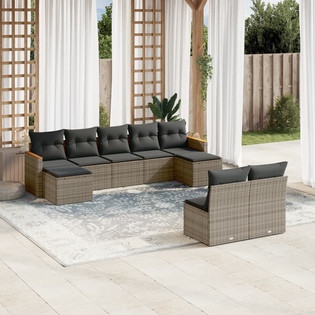 9 Pcs conjunto sofás p/ jardim com almofadões vime PE cinzento