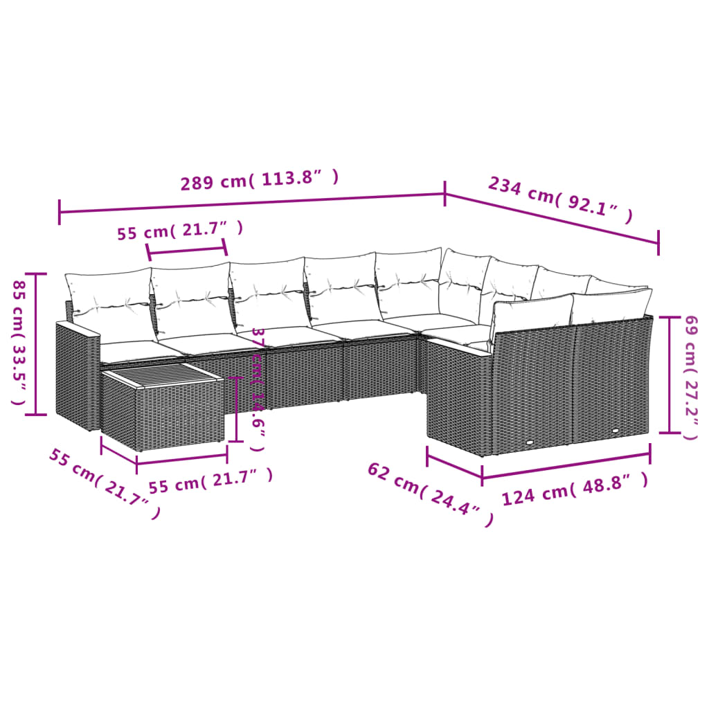 10 Pcs conjunto de sofás p/ jardim com almofadões vime PE bege