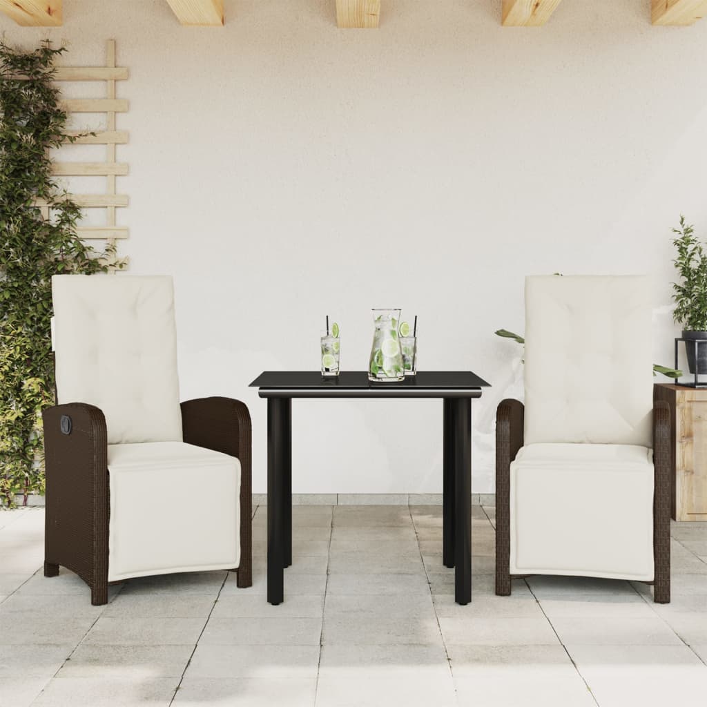 3 Pcs conjunto bistrô com almofadões vime PE castanho