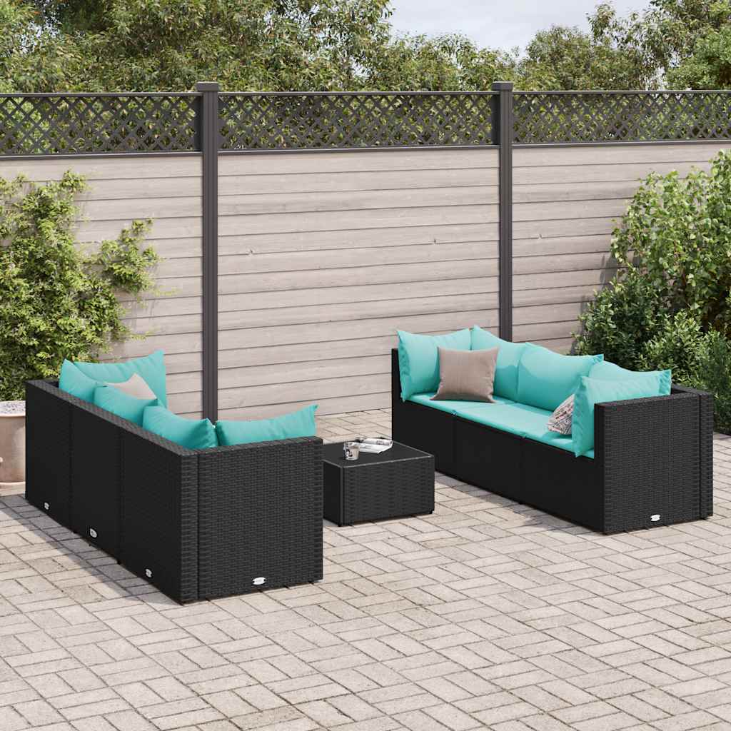 7 Pcs conjunto lounge de jardim c/ almofadões vime PE preto