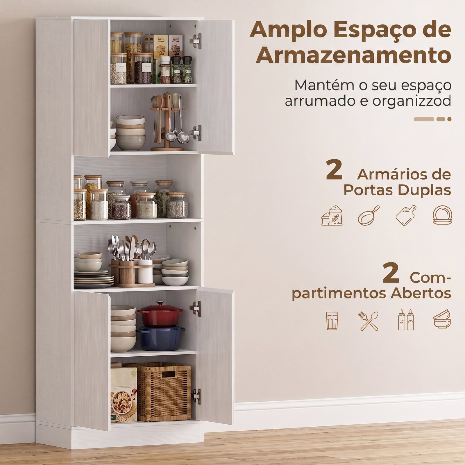 Armário de cozinha com 4 portas de fecho suave prateleiras ajustáveis e 2 compartimentos abertos branco
