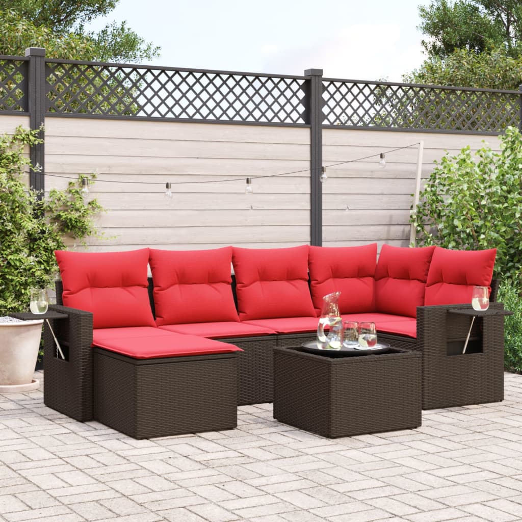 Conjunto de sofá de jardim com 7 peças e almofadas em rattan sintético marrom