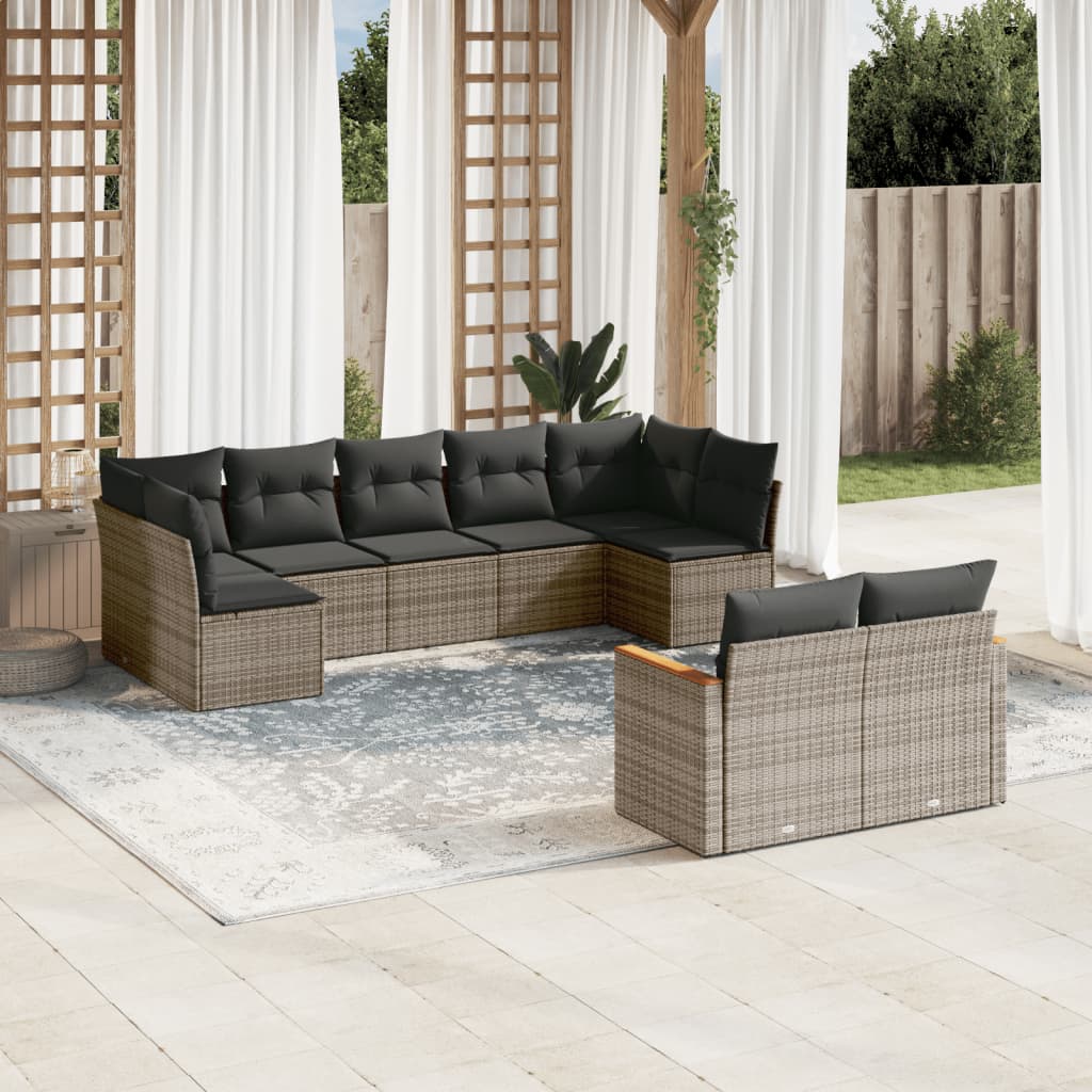 9 Pcs conjunto sofás p/ jardim com almofadões vime PE cinzento