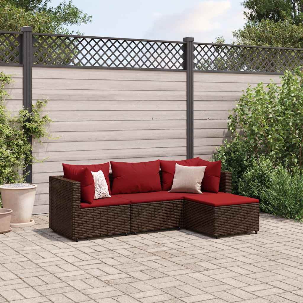 4 Pcs conjunto lounge jardim c/ almofadões vime PE castanho