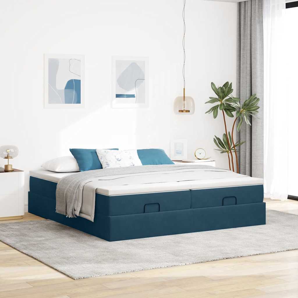 Estrutura de cama otomana com colchão azul escuro veludo