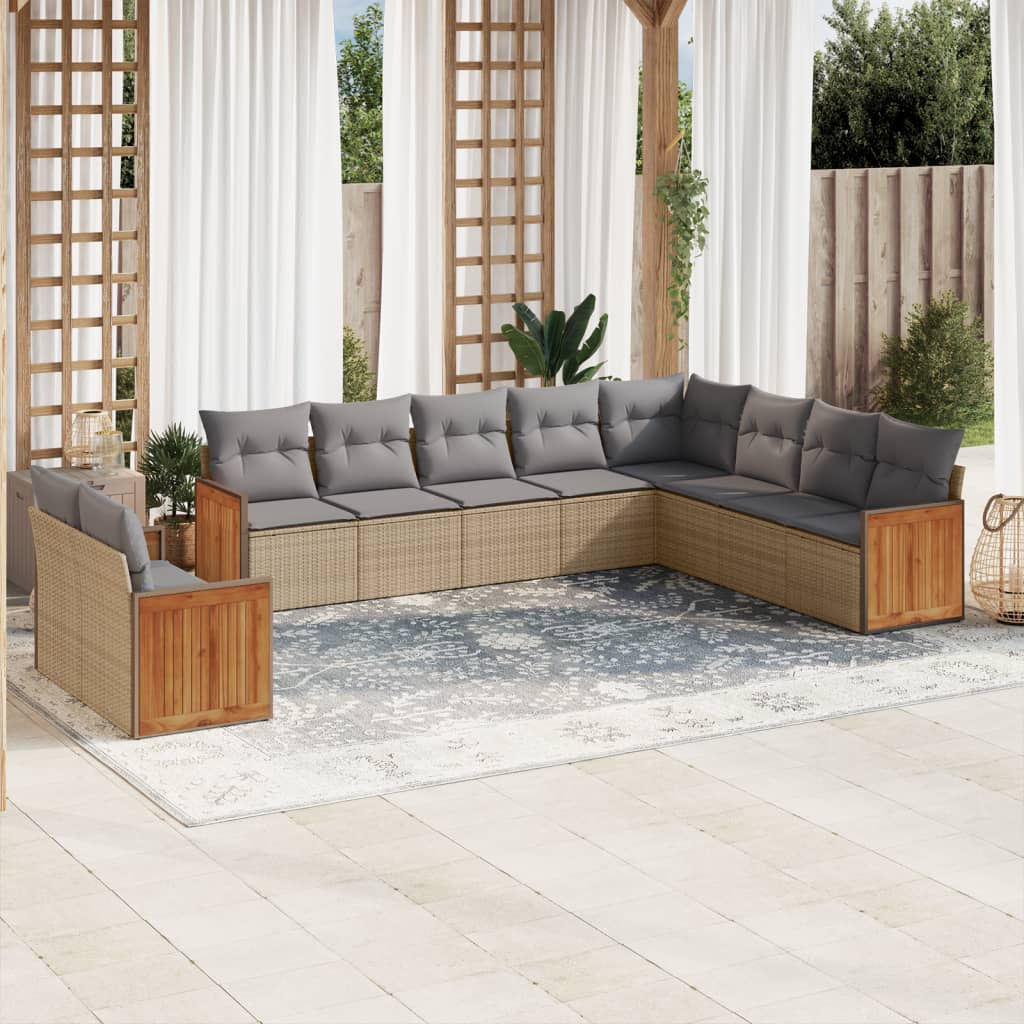 10 Pcs conjunto de sofás p/ jardim com almofadões vime PE bege