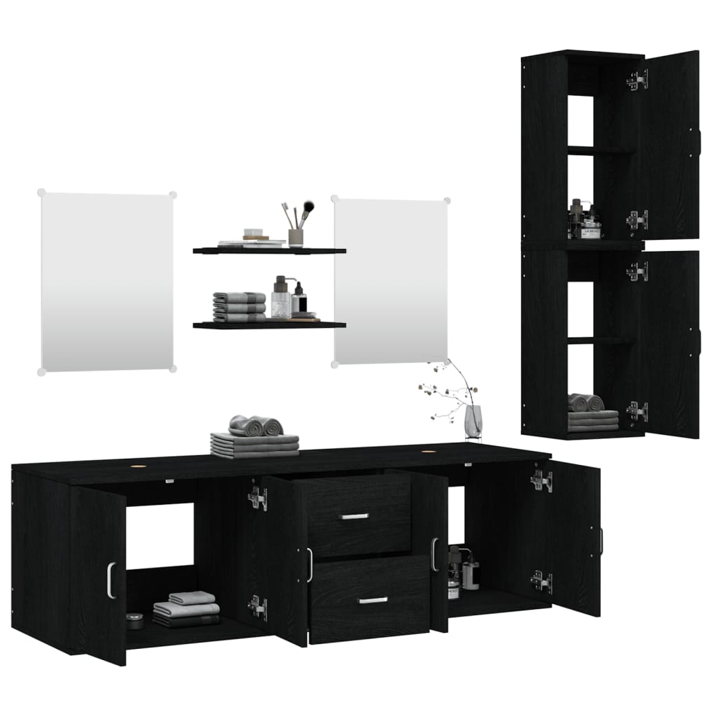 7 Pcs conjunto móveis casa de banho derivados de madeira preto