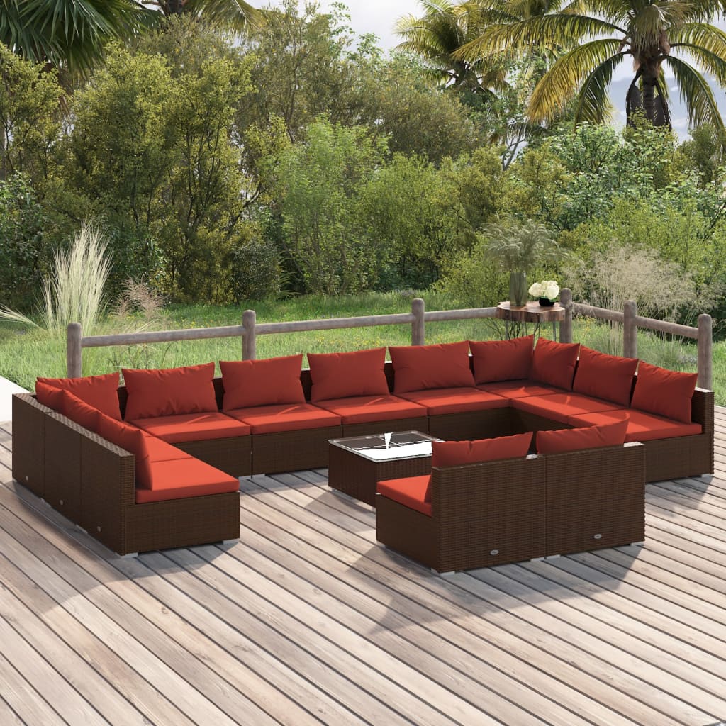 13 Pcs conjunto lounge jardim c/ almofadões vime PE castanho