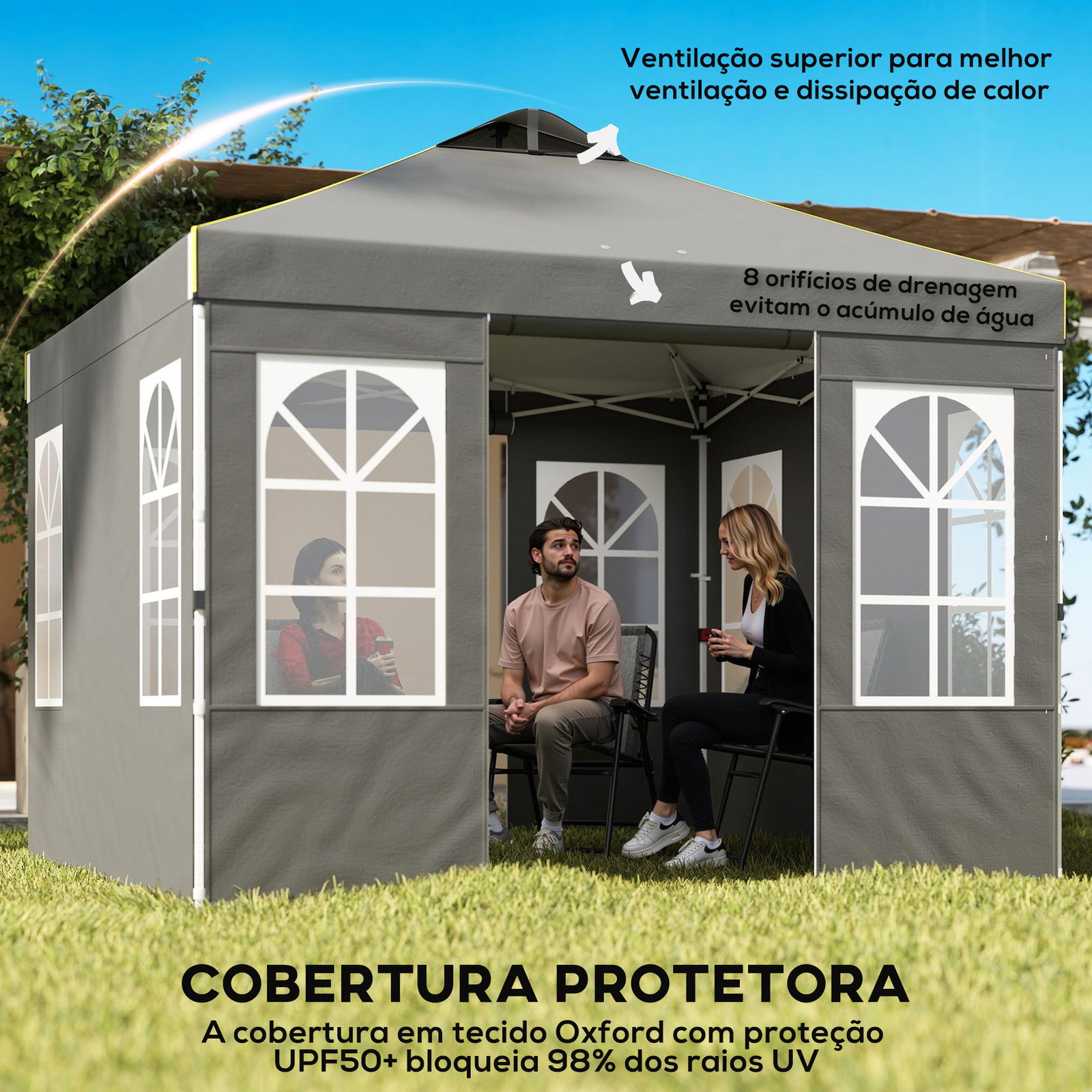 Tenda dobrável 3x3 m pop-up com upf50+, 4 laterais removíveis, altura ajustável e bolsa de transporte - cinzento escuro