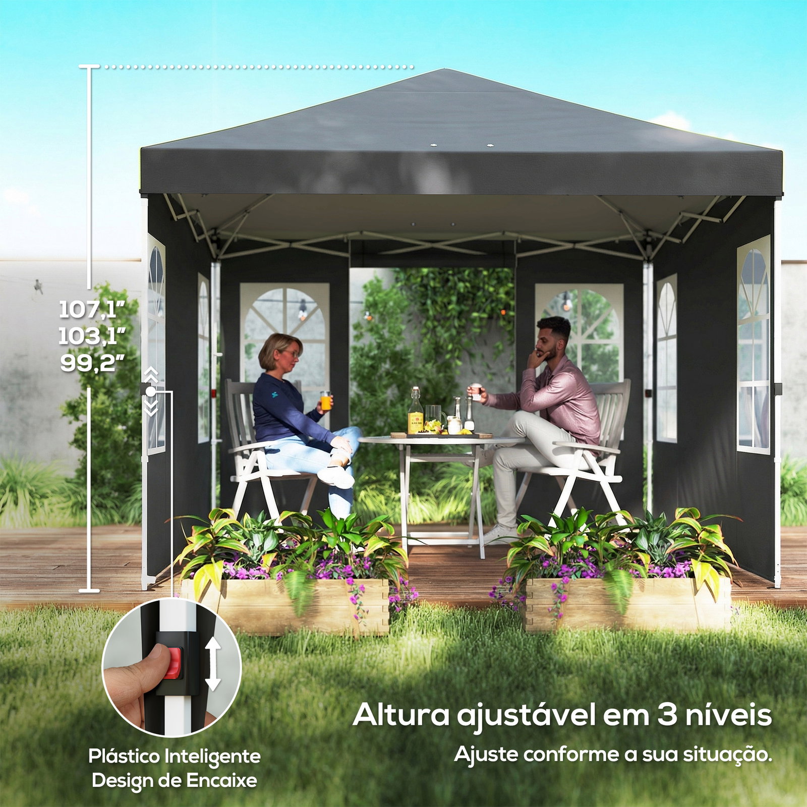 Tenda dobrável 3x3 m pop-up com upf50+, 4 laterais removíveis, altura ajustável e bolsa de transporte - cinzento escuro