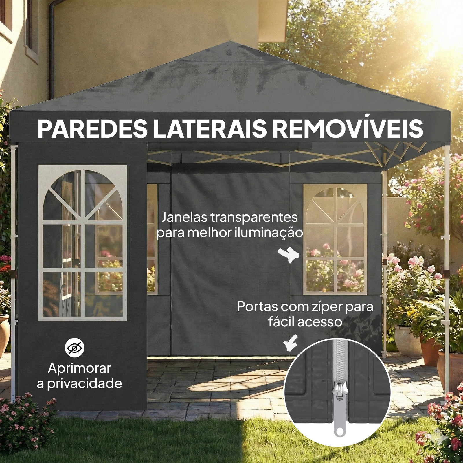 Tenda dobrável 3x3 m pop-up com upf50+, 4 laterais removíveis, altura ajustável e bolsa de transporte - cinzento escuro