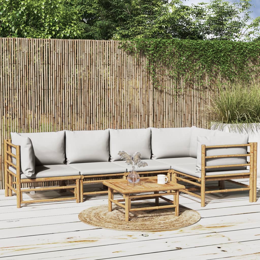 6 Pcs conj. lounge de jardim bambu c/ almofadões cinzento-claro