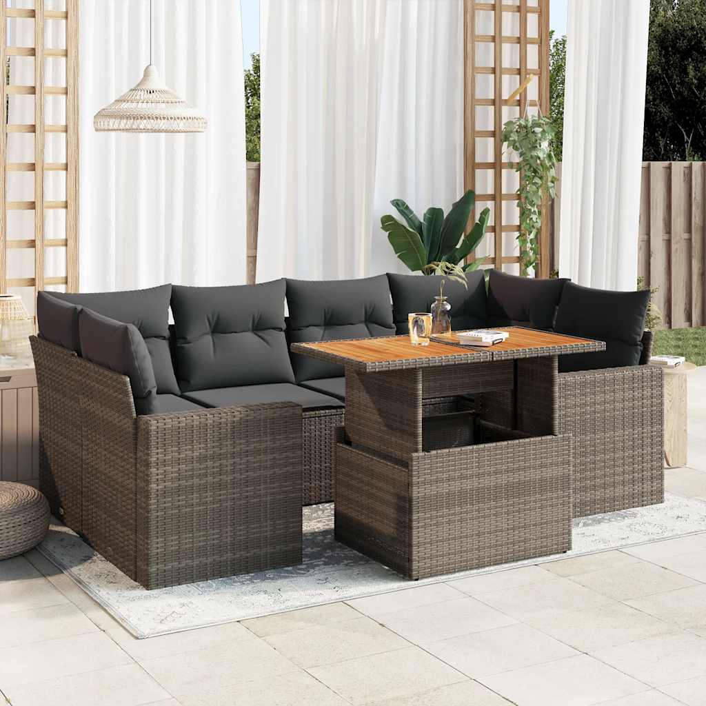7 Pcs conjunto sofás p/ jardim c/ almofadões vime PE cinzento