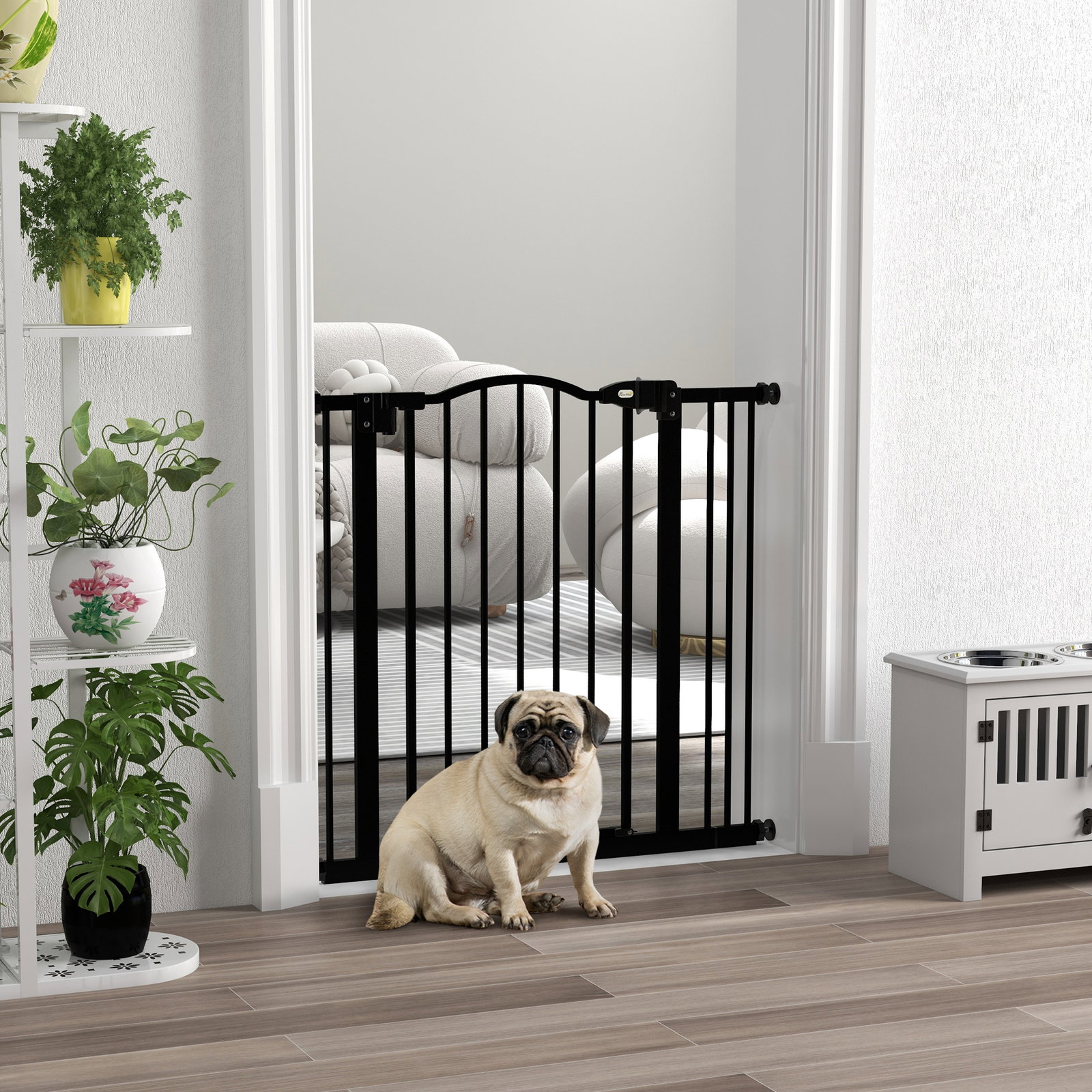 Barreira de segurança para cães com largura ajustável 74-80 cm e extensões para escadas e portas preto