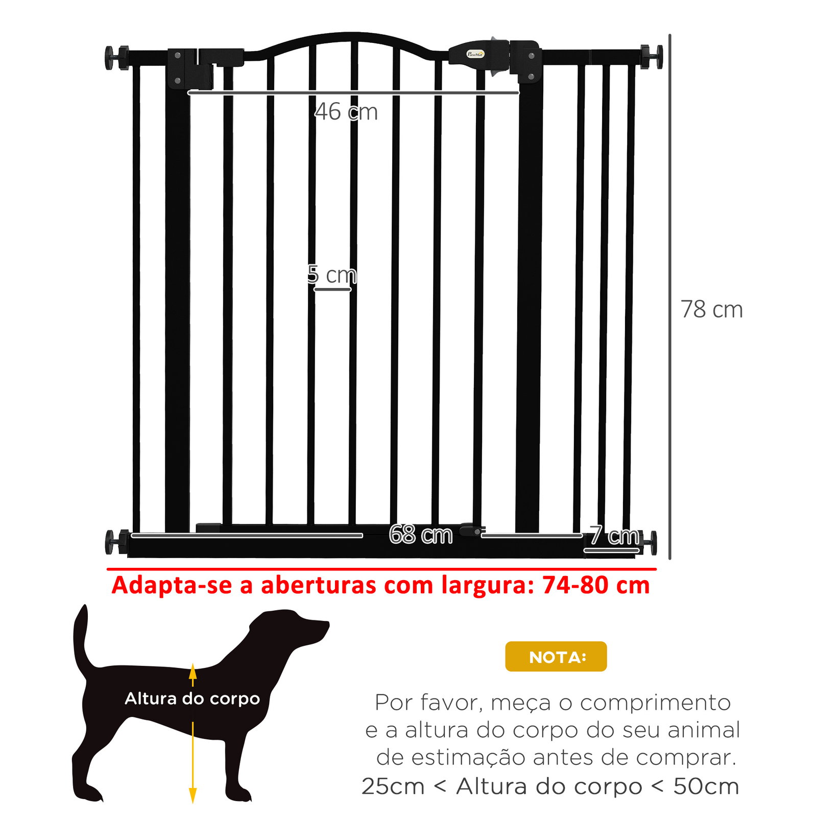 Barreira de segurança para cães com largura ajustável 74-80 cm e extensões para escadas e portas preto
