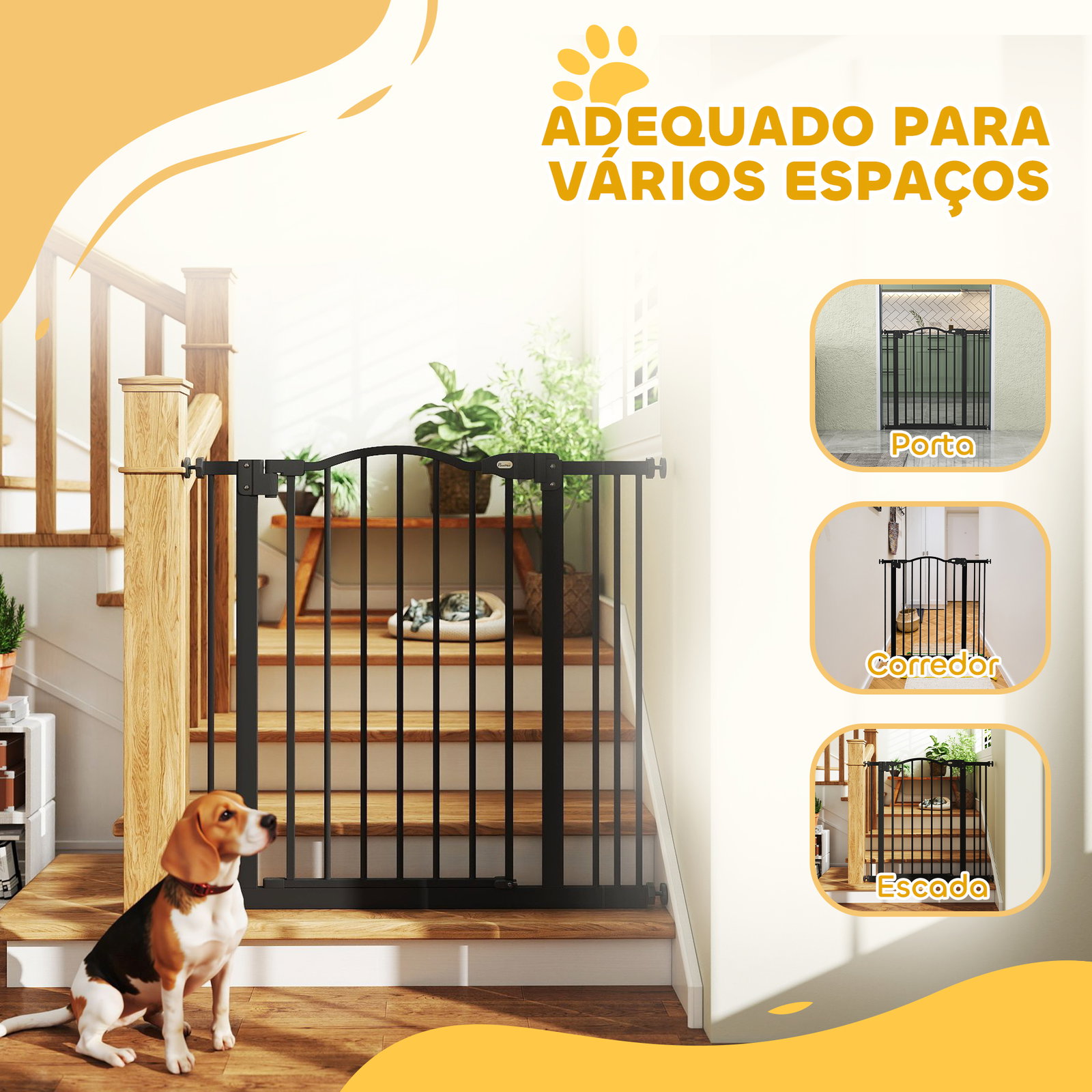 Barreira de segurança para cães com largura ajustável 74-80 cm e extensões para escadas e portas preto