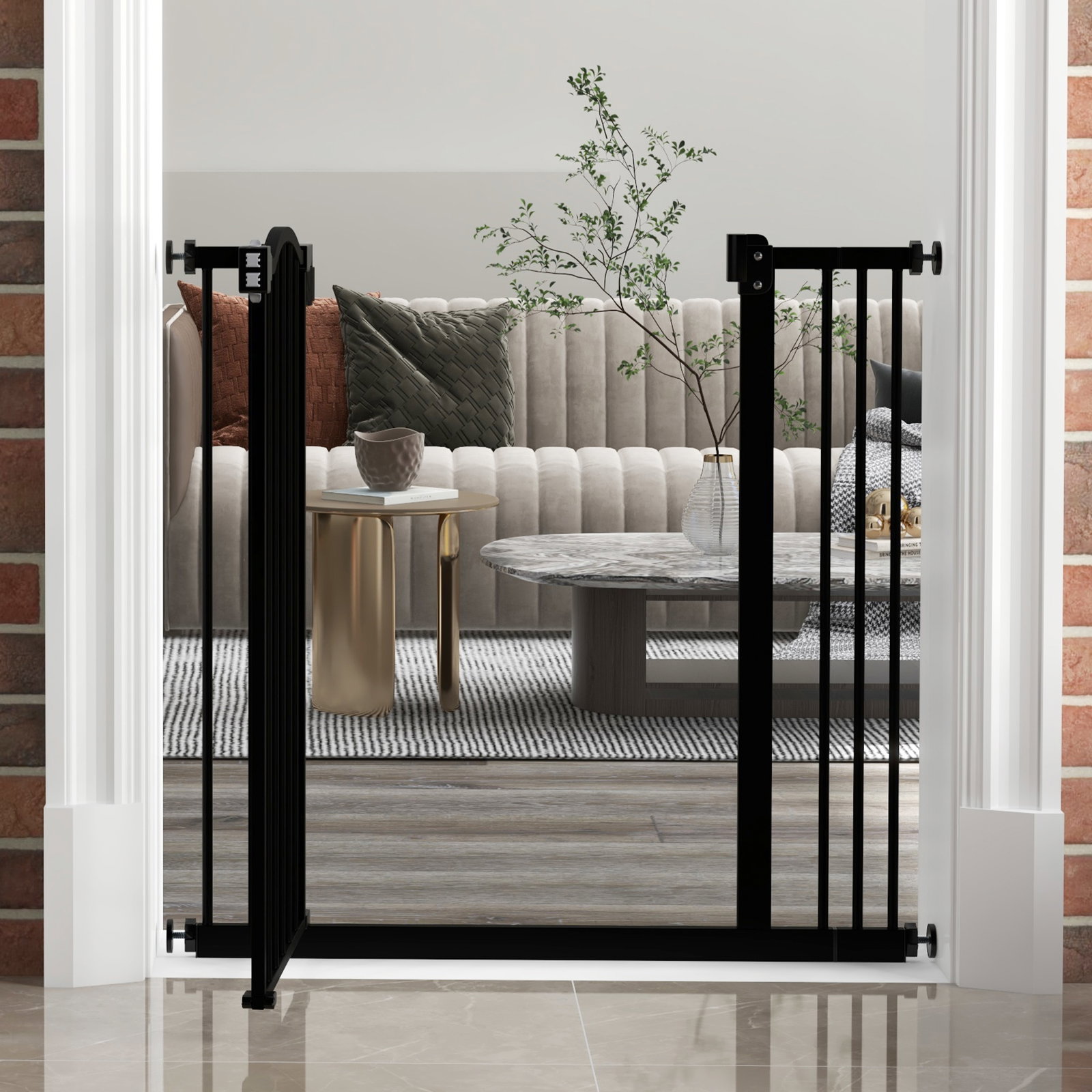 Barreira de segurança para cães com largura ajustável 74-80 cm e extensões para escadas e portas preto