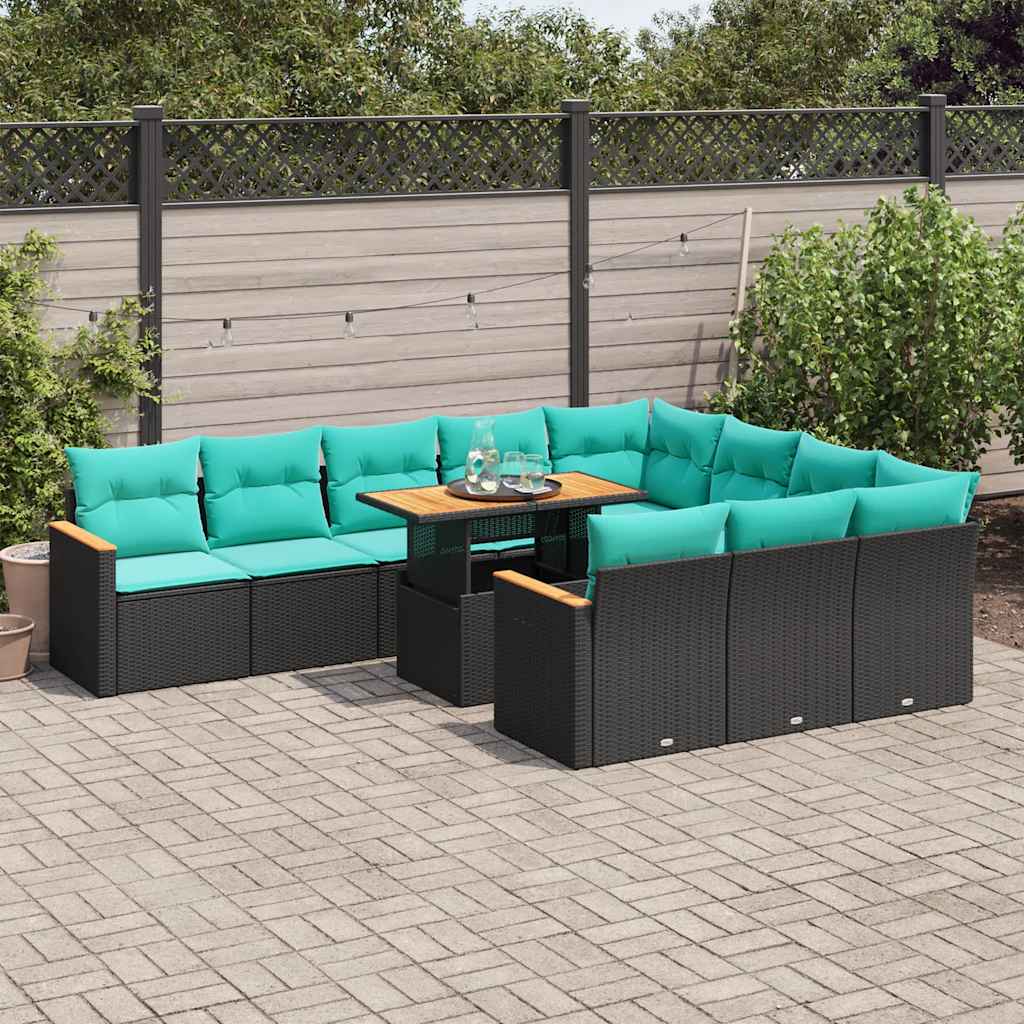 11 Pcs conjunto sofás de jardim c/ almofadões vime PE preto