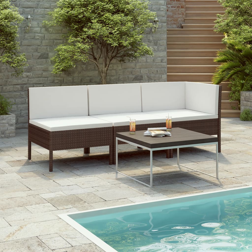 3 Pcs conjunto lounge jardim c/ almofadões vime PE castanho