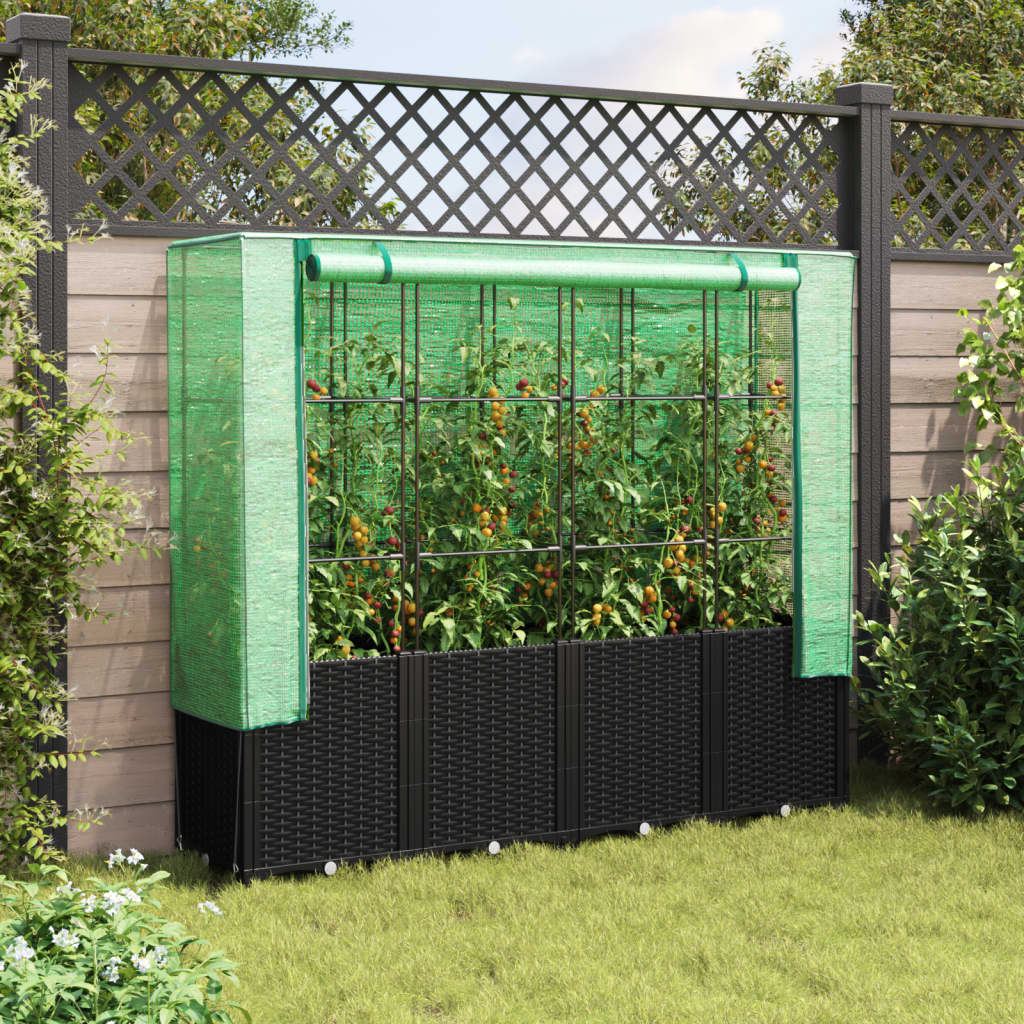 Canteiro elevado com cobertura para estufa, estilo rattan, 160x40x153 cm