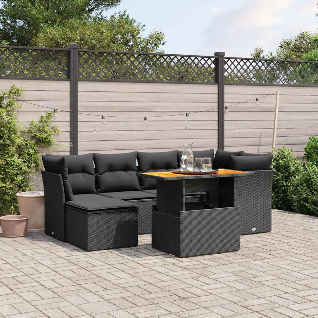 7 Pcs conjunto de sofás p/ jardim c/ almofadões vime PE preto